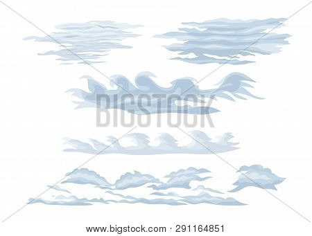 Set Of Feather Steam Clouds. Wavy, Sparse Cirrus Clouds.