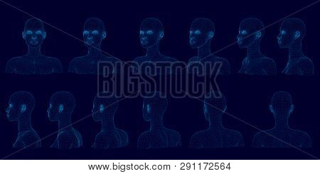 Set With Bust Of Girl In Different Positions. Wireframe Of Head Of Polygonal Girl Of Blue Lines On A