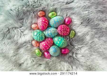 Multiple Colored Easter Eggs On Fur Background, Pink, Blue And Green Eggs Amsterdam The Netherlands,