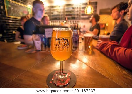 Copenhagen, Denmark - Sept 7: Crowd Of People Inside The Bar With Danish Beer By Mikkeller Brewery A