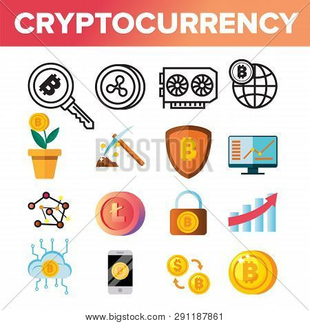 Cryptocurrency Coins Icon Set Vector. Crypto Cash. Security. Gold Money. Mining Virtual Sig. Financi
