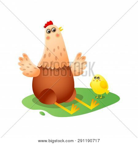 Chicken Playing, Telling Fairy Tales, Showing Something To Little Yellow Clinging