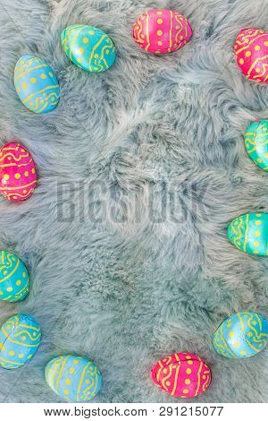 Multiple Colored Easter Eggs On Fur Background, Pink, Blue And Green Eggs Amsterdam The Netherlands,