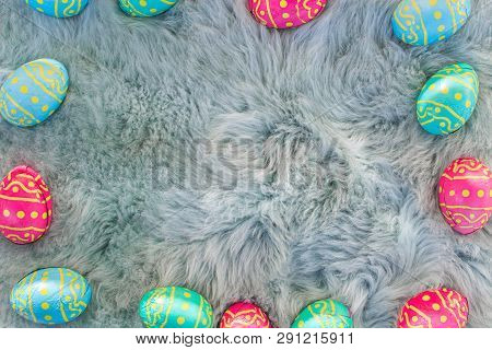 Multiple Colored Easter Eggs On Fur Background, Pink, Blue And Green Eggs Amsterdam The Netherlands,