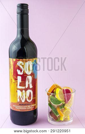 Moscow, Russia, 23 Mart 2019. A Bottle Of Spanish Red Wine Solano On A Pink Background