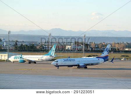 Antalya, Turkey - February 28, 2019: Passenger Supersonic Planes Boeing 737 800 Of Turkish Detur Cor