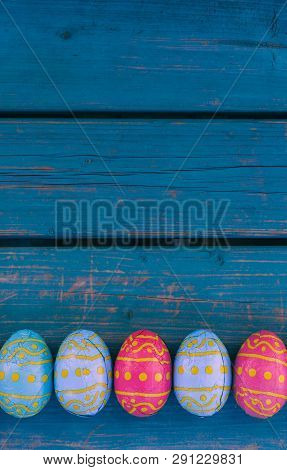 Easter Eggs Background, Blue Wooden Bench, 23 March 2019, Amsterdam The Netherlands