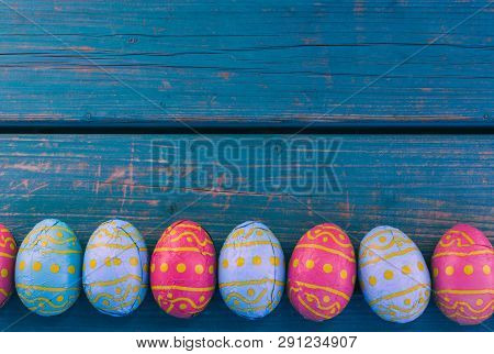 Easter Eggs Background, Blue Wooden Bench, 23 March 2019, Amsterdam The Netherlands