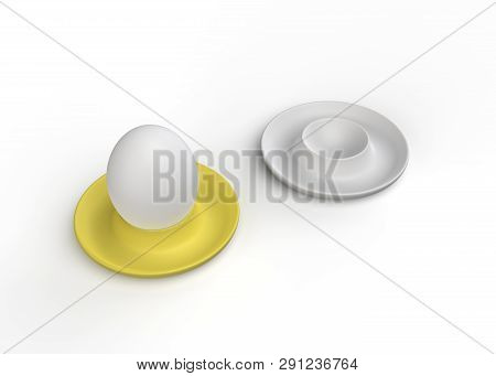 Egg In Yellow Eggcup And One Empty Eggcup. Sideways View 3d Illustration. Good Breakfast At Easter.