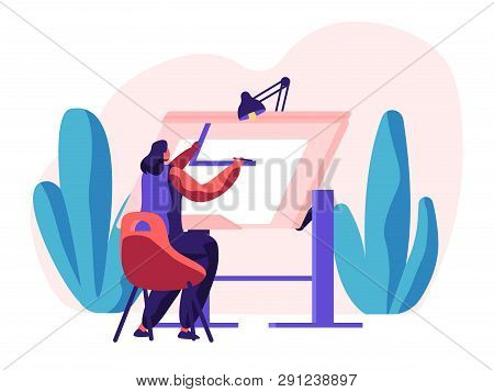 Architect Woman Working On Construction Project. Engineer Person Drawing Draft. Worker Engineering S