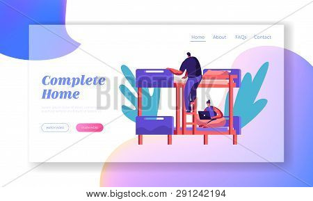 Smiling Woman Character With Laptop Sitting On Bed In Hostel Room Landing Page. International Econom