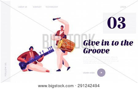 Indian Musician Playing Classical Musical Instrument Dhol And Sitar At Concert Landing Page. Perform