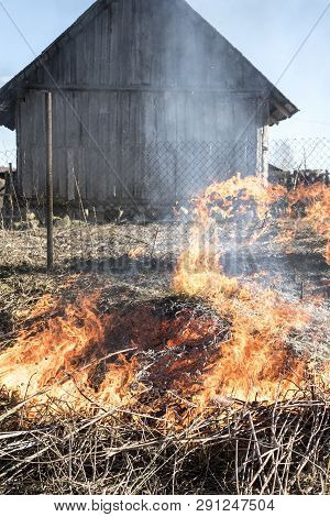 Burning Grass. Fire Outdoors. Behind The Wooden House
