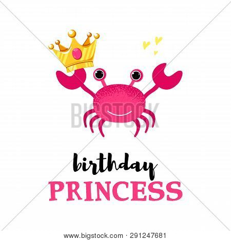 Cartoon Crab Icon In Modern Flat Style In Cartoon Crown And Hearts. Ocean Animal Character. Birthday