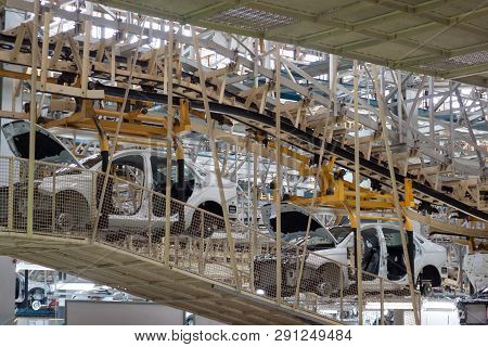 Russia, Izhevsk - December 15, 2018: Lada Automobile Plant Izhevsk. The New Cars After Painting On T