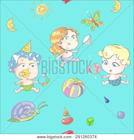 Seamless Pattern With Cartoon Cute Kids On Playground