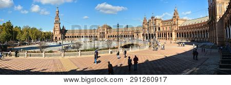 Plaza Of Spain In Seville, Panorama. Plaza De Espania Is An Architectural Complex In The Capital Of 