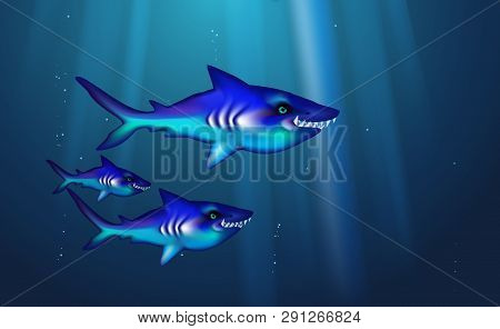 Wild Predator Sharks Blue Background Small Flock Fish. Cartoon Funny Cant Marine Life Optimized From