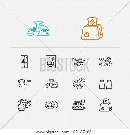 Kitchen Icons Set. Salt With Pepper And Kitchen Icons With Tin Foil, Cookery Book And Baking Sheet. 