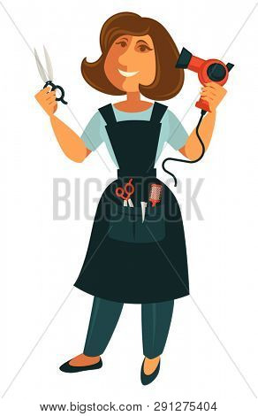 Female hairdresser with scissors and blow dryer isolated on white