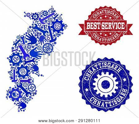 Best Service Combination Of Blue Mosaic Map Of Chhattisgarh State And Grunge Stamps. Mosaic Map Of C