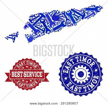 Best Service Combination Of Blue Mosaic Map Of East Timor And Scratched Seals. Mosaic Map Of East Ti