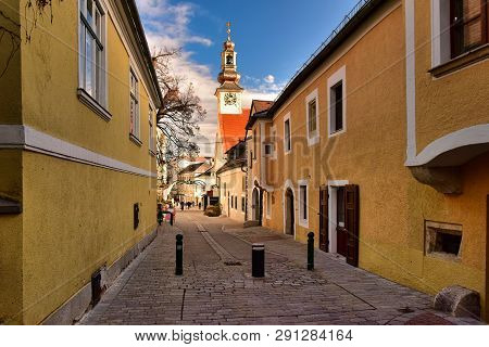 Narrow Pfarrgasse Street Of Historical Town Centre During Christmas Time. Moedling, Lower Austria, E