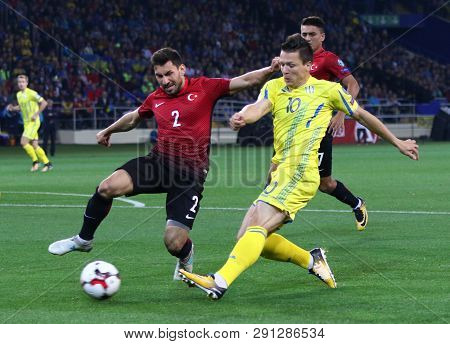 Kharkiv, Ukraine - September 2, 2017: Yevhen Konoplyanka Of Ukraine (r) Fights For A Ball With Sener
