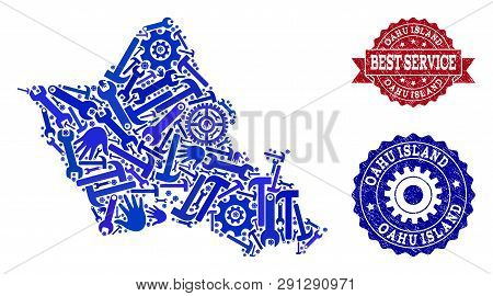 Best Service Composition Of Blue Mosaic Map Of Oahu Island And Textured Seals. Mosaic Map Of Oahu Is