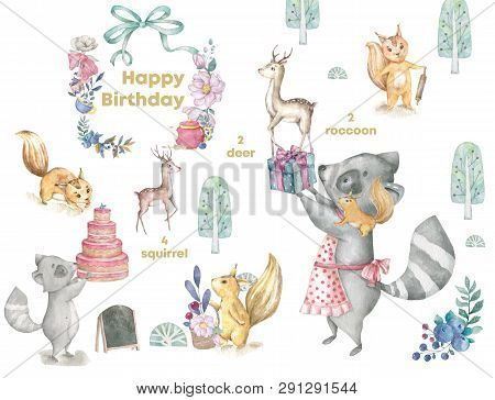 Greeting Card Illustration With Birthday Cake, Cute Roccoon, Flowers And Chocolate Moon And Blue Piz