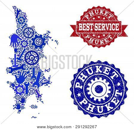 Best Service Collage Of Blue Mosaic Map Of Phuket And Rubber Stamps. Mosaic Map Of Phuket Designed W