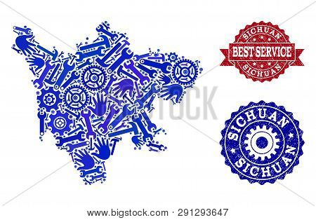 Best Service Collage Of Blue Mosaic Map Of Sichuan Province And Grunge Seal Stamps. Mosaic Map Of Si