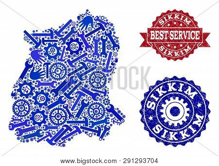 Best Service Composition Of Blue Mosaic Map Of Sikkim State And Rubber Seals. Mosaic Map Of Sikkim S