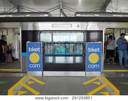 Jakarta, Indonesia - March 23, 2019: Mrt Jakarta Train Arrives At Lebak Bulus Mrt Station.