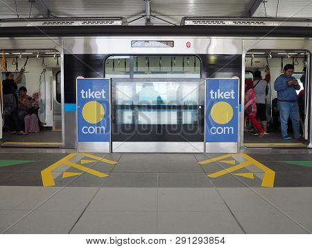 Jakarta, Indonesia - March 23, 2019: Mrt Jakarta Train Arrives At Lebak Bulus Mrt Station.