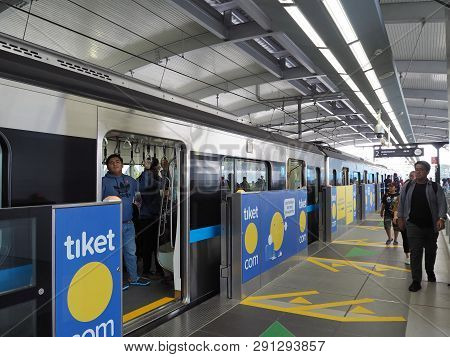 Jakarta, Indonesia - March 23, 2019: Mrt Jakarta Train Arrives At Lebak Bulus Mrt Station.