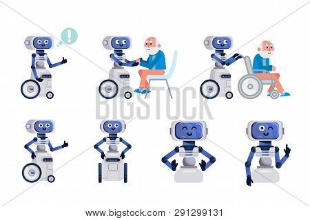 Robot Assistant. Cartoon Robot Assistant Help Old Man, Chatterbot, Vector Cartoon Characters