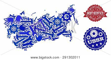 Best Service Composition Of Blue Mosaic Map Of Ussr And Corroded Seal Stamps. Mosaic Map Of Ussr Des