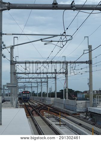 Jakarta, Indonesia - March 23, 2019: Mrt Jakarta Train Running At Lebak Bulus Mrt Station.
