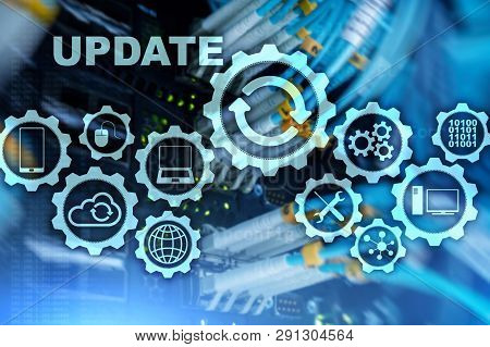 Update Software Computer On Virtual Screen Server Room Datacenter Background. Technology Updating Co