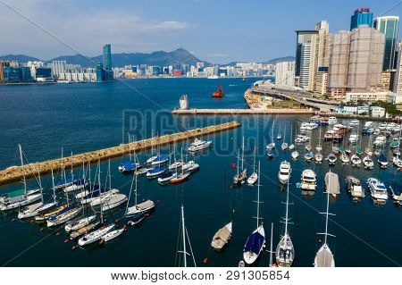 Causeway Bay, Hong Kong 22 February 2019: Hong Kong harbor front and typhoon shelter