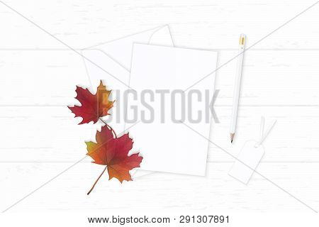Flat Lay Top View Elegant White Composition Letter Paper Envelope Pencil Tag Autumn Maple Leaf On Wo