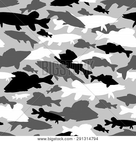 Seamless Vector Pattern Of Fishing Camouflage. Grey Black Camo Of Freshwater Fish