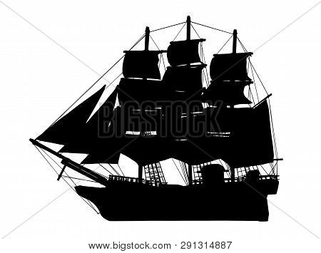 Pirate Ship Silhouette, Galleon, Brigantine, Age Of Discovery Sailing Vessels Vector Illustration