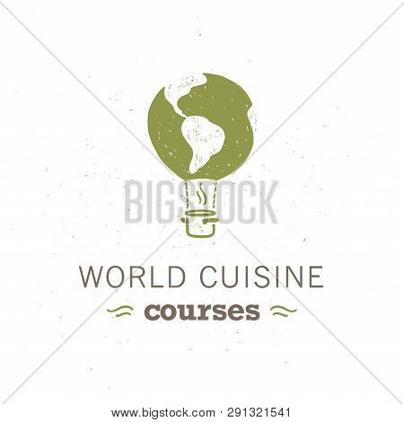 Vector Food Classes Logo Design Template With Flying Air Balloon, World Map On It, Pot Icon Isolated