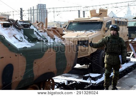 Moscow, Russia - February 23, 2019: Officer Of The Russian Army In Armored Vehicles Captured From Sy