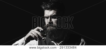 Bearded Male. Stylish Handsome Male In Suit Drink From Glass Brandy, Cognac. Portrait Of A Handsome 