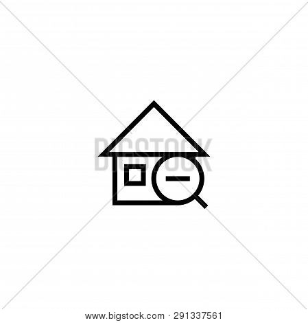 Minus House Search Icon. Home With Magnifying Glass And Stripe Symbol. Simple Clean Thin Outline Sty