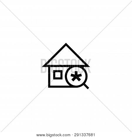 Search New House Icon. Home With Magnifying Glass And Asterisk Symbol. Simple Clean Thin Outline Sty