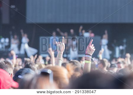 Crowd At Concert. Summer Music Festival. Audience At Outdoor Festival